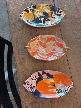 Anthropologie Hand-Painted Ceramic Catchall Trio — Orange, Pink, Navy & Cream